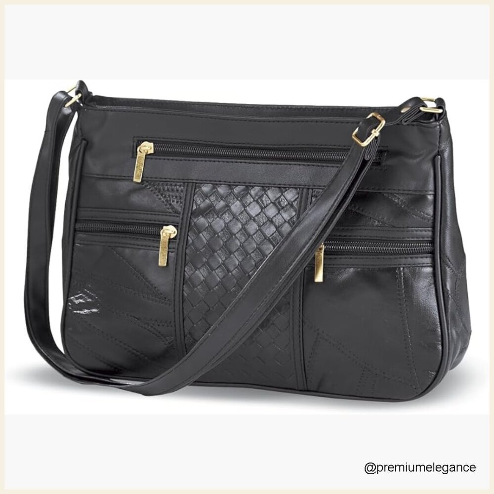 Genuine Leather Shoulder Bag with Basketweave Accent, Adjustable Strap